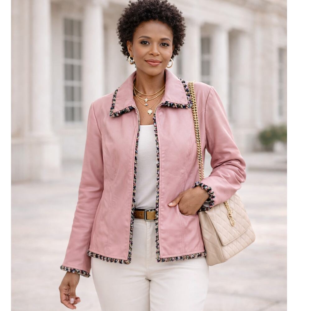 Rare Vintage Terry Lewis Classic Luxury Pink Genuine Leather Fringe Jacket Large